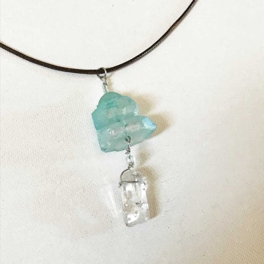 Quartz & Aqua Aura Gemstone Crystal Necklace Boho Chakra Healing Energy